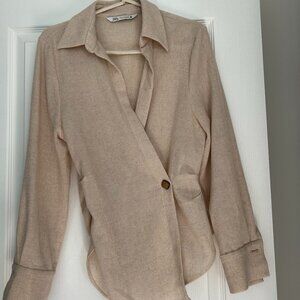 ZARA Wrap Linen-Blend Blouse | Neutral Beige | XS | Effortless Chic
